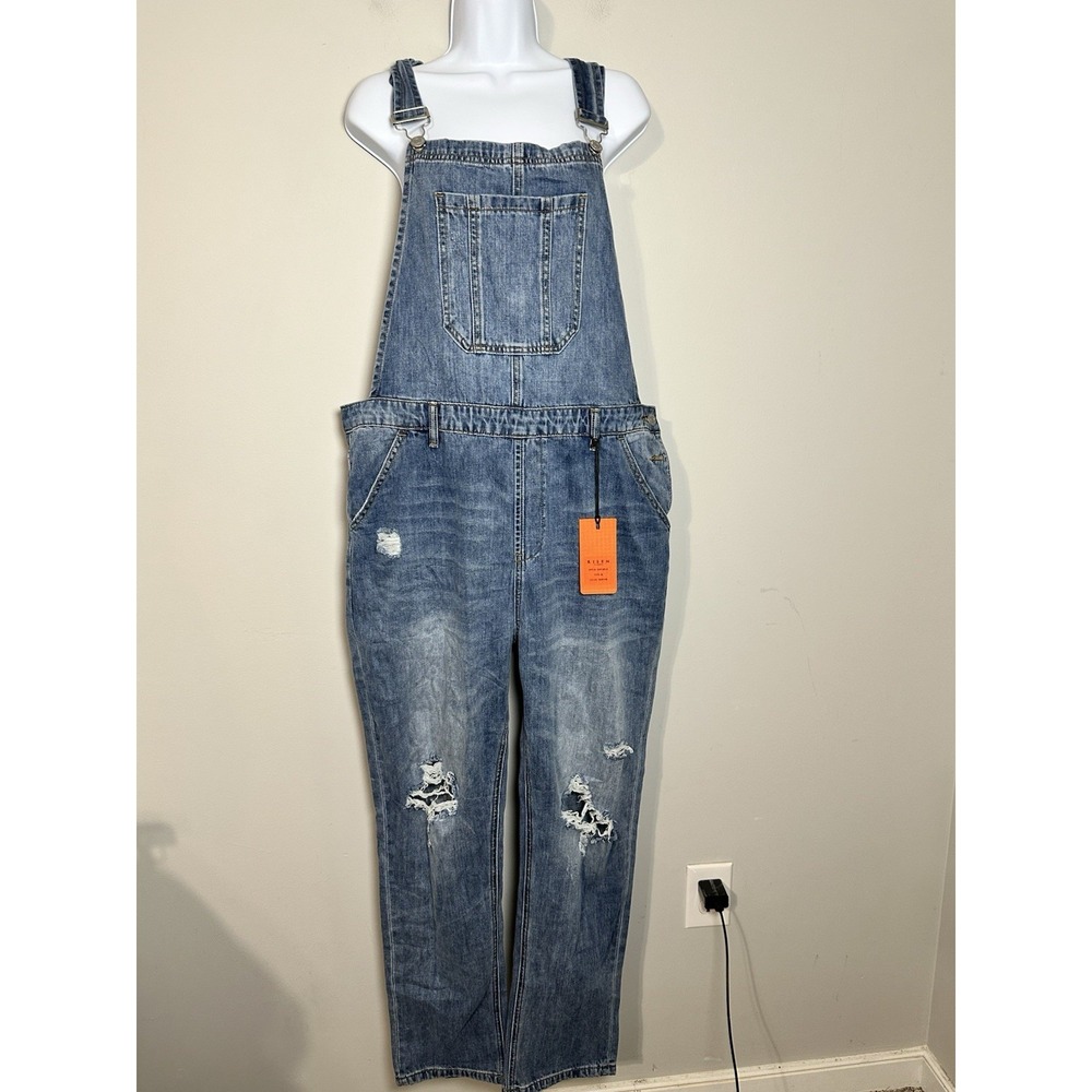 Denim Distressed Crop Overalls Jumpsuit - Blue - Picture 4 of 10
